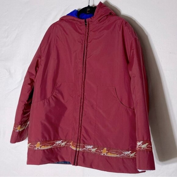 Handmade Burgundy Snow Storm Jacket Parka With Jacquard Dogsled Trim L - Picture 11 of 11